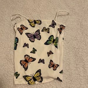 Colorful butterflies on white noodle strap tank top. XS and stretchy.